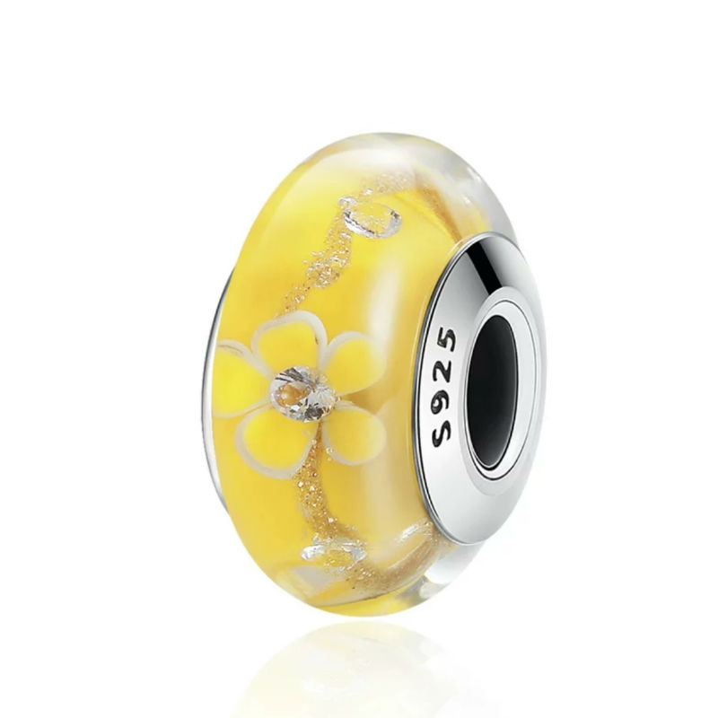Charm "flores amarillas" en plata de ley, cristal de Murano. Compatible Pandora.